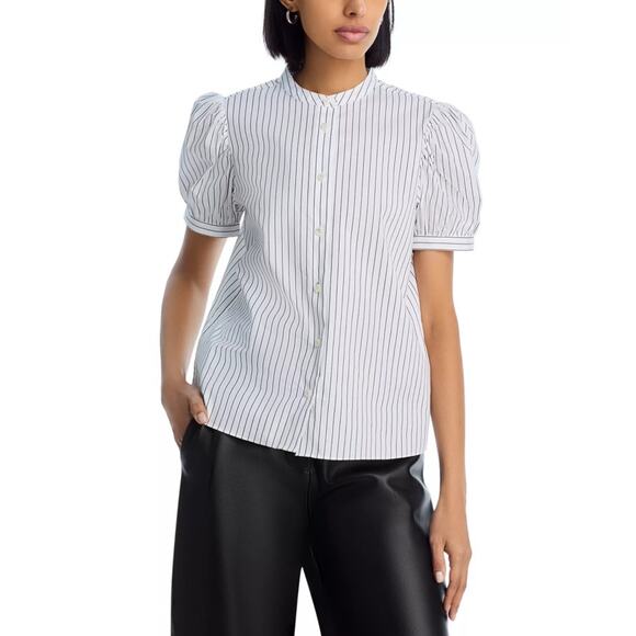 Frame Women White Pinstripe Poplin Cotton The Gathered Short Sleeve Top Size S